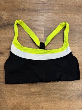 Love & Sports Black Sports Bra with Neon Yellow and White Trim